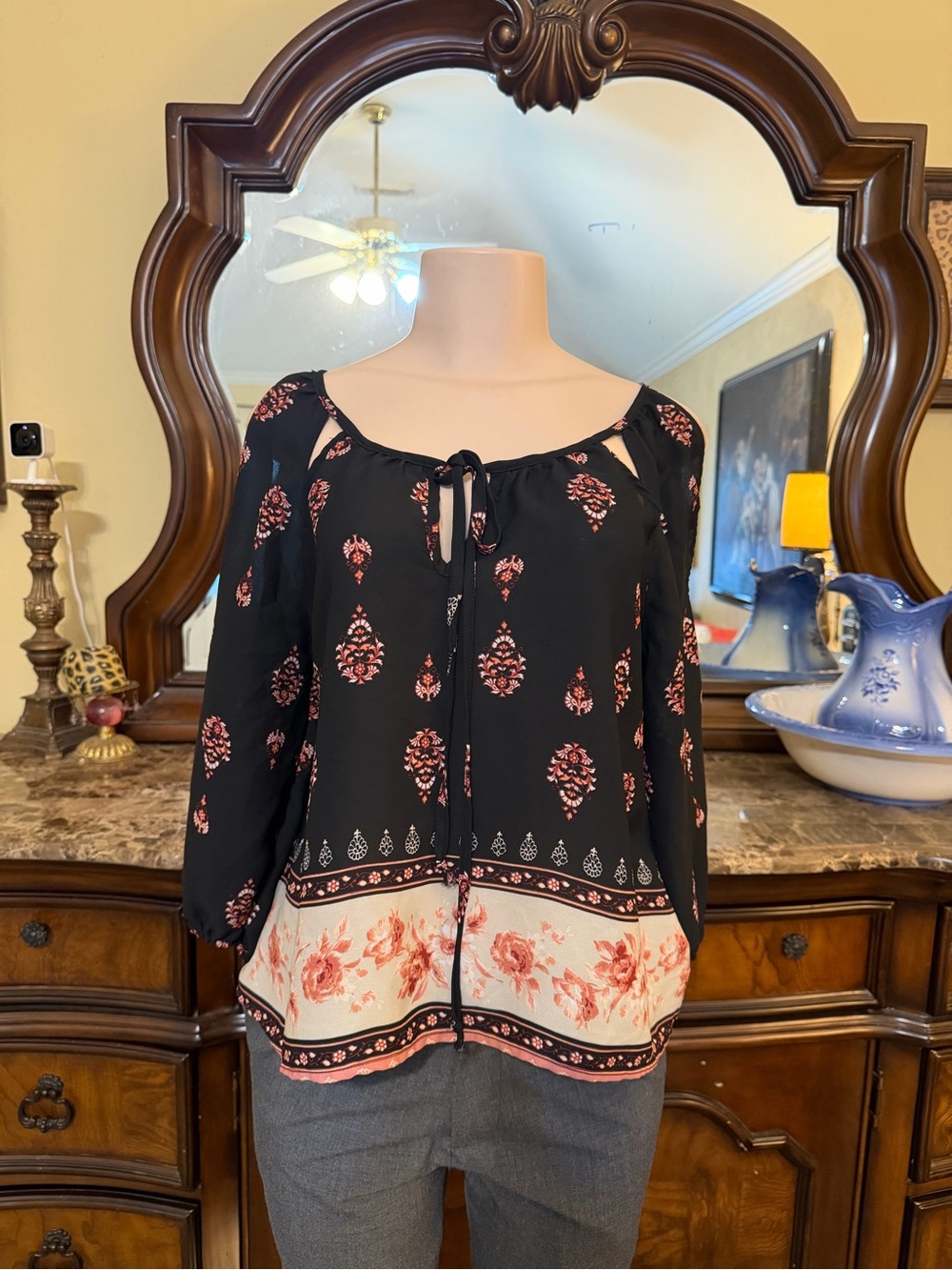Liberty Love Black Tie-Neck Floral Border Tunic